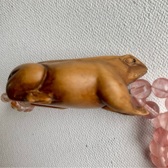 Antique Vintage Japanese Carved Wood Netsuke Frog Beaded Bracelet Finger Ring - Picture 6 of 14